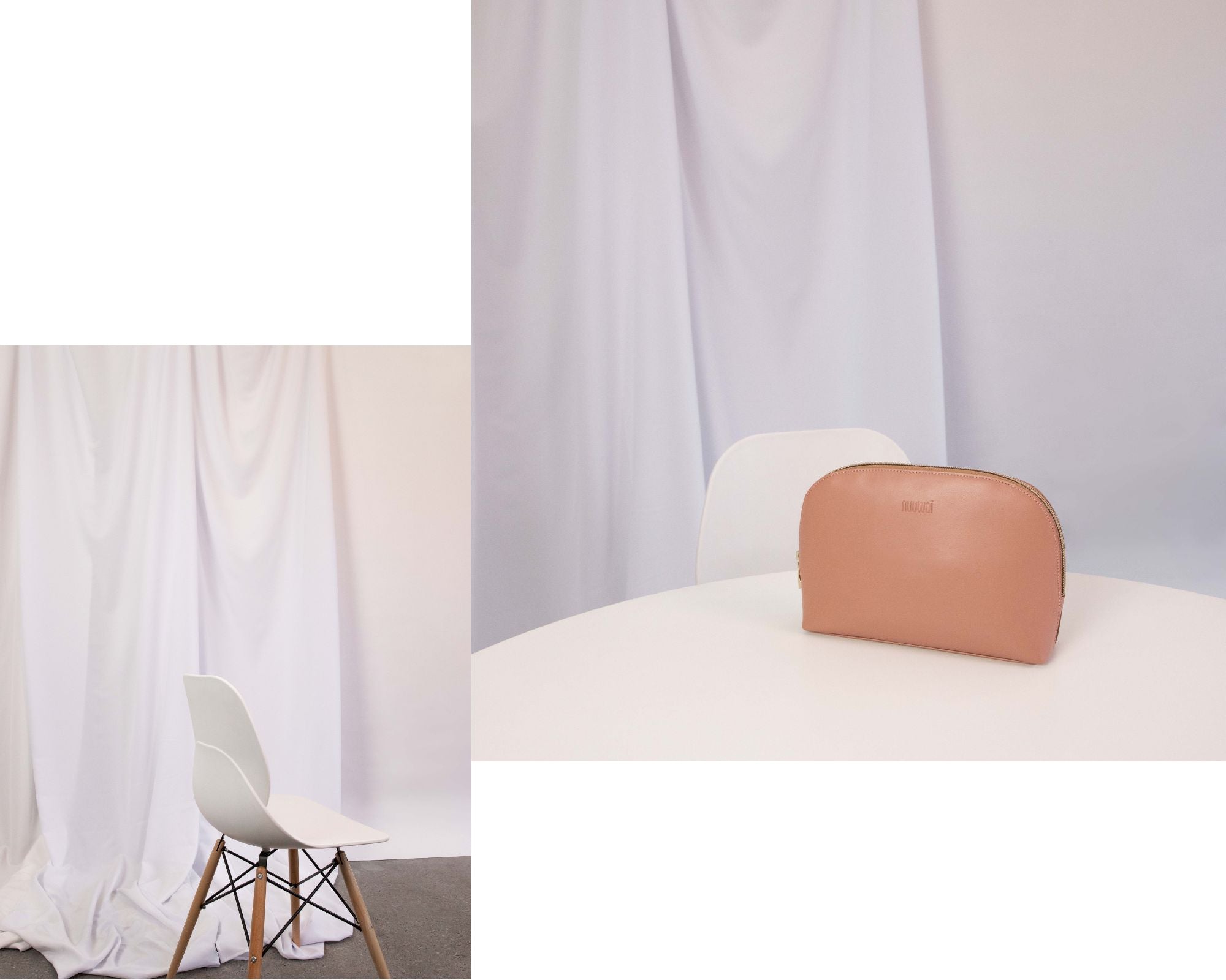 A makeup bag on a table and a white chair