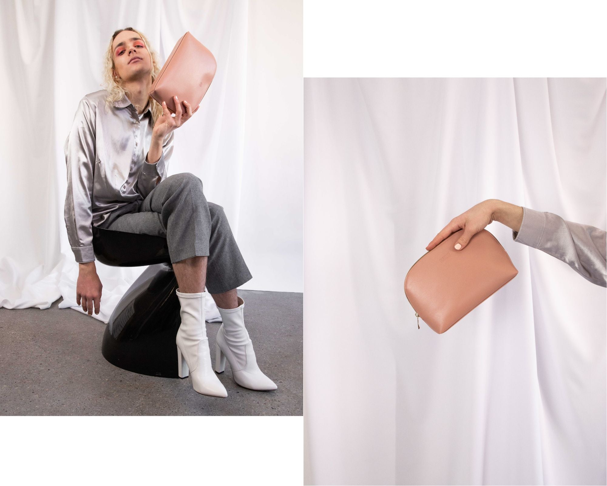 Blonde man with long hair holding a vegan makeup case in millennial pink by nuuwai